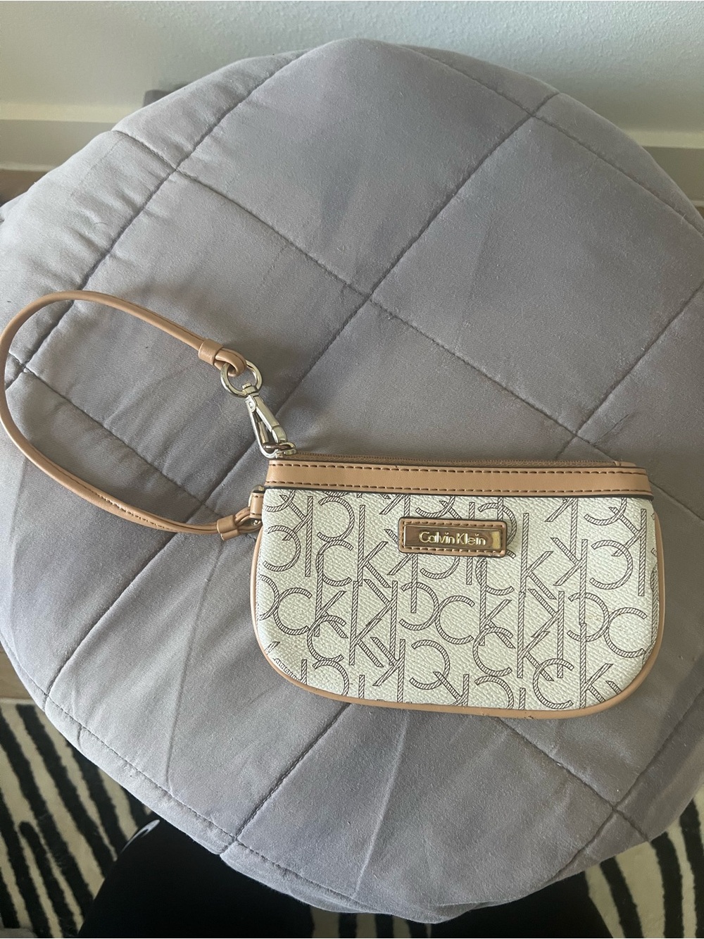 Calvin Klein Cream Logo Wristlet with Tan Trim